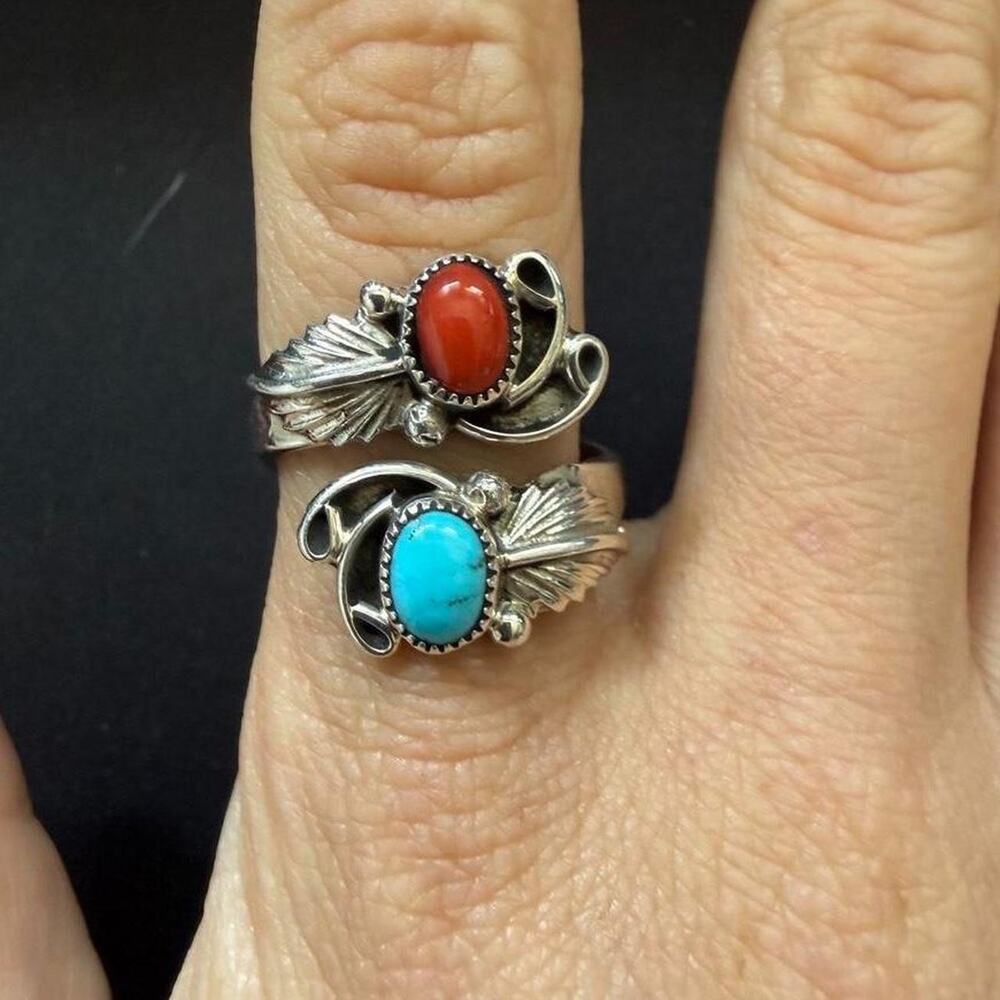 Sterling silver handmade coral and turq ring. Native made but unsigned